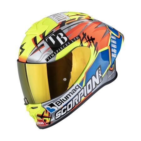 CASCO SCORPION EXO-R1 EVO II AIR ARON MISANO PLATA-AMARILLO NEÓN-AZUL