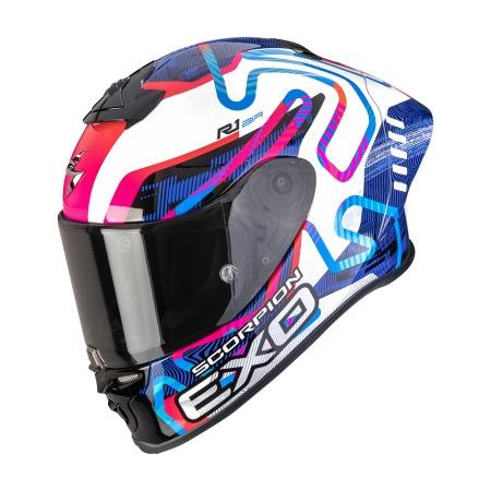CASCO SCORPION EXO-R1 EVO II AIR CORNERING BLANCO-AZUL-ROSA
