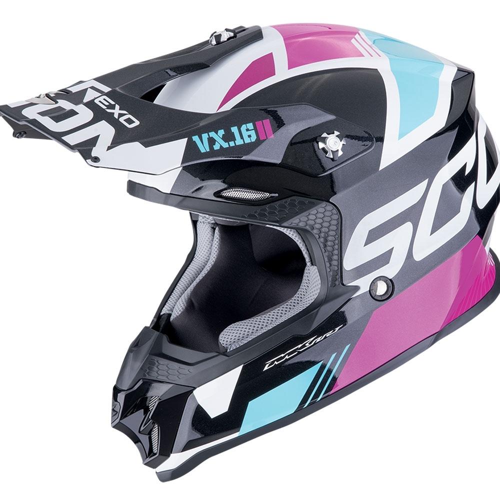 CASCO SCORPION  OFFROAD VX-16 EVO AIR ANALOG METAL NEGRO-AZUL-ROSA