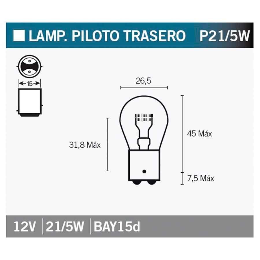 BOMBILLA LAMPARA V-PARTS (CAJA 10 UNIDADES) BILUX 12V21/5W ROJA  P21/5W-Ambar   14662