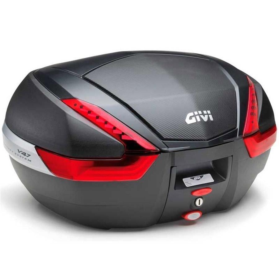 MALETA GIVI V47NN NEGRA 47 LTS CON ACABADO EN TEXTURA DE CARBONO Y CATADRIÓPTICOS ROJO